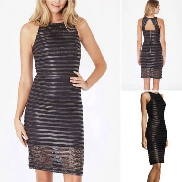 Parker Leather Lace Gold Chain Black Fitted Edgy Cocktail Dress Size Small - Picture 1 of 9